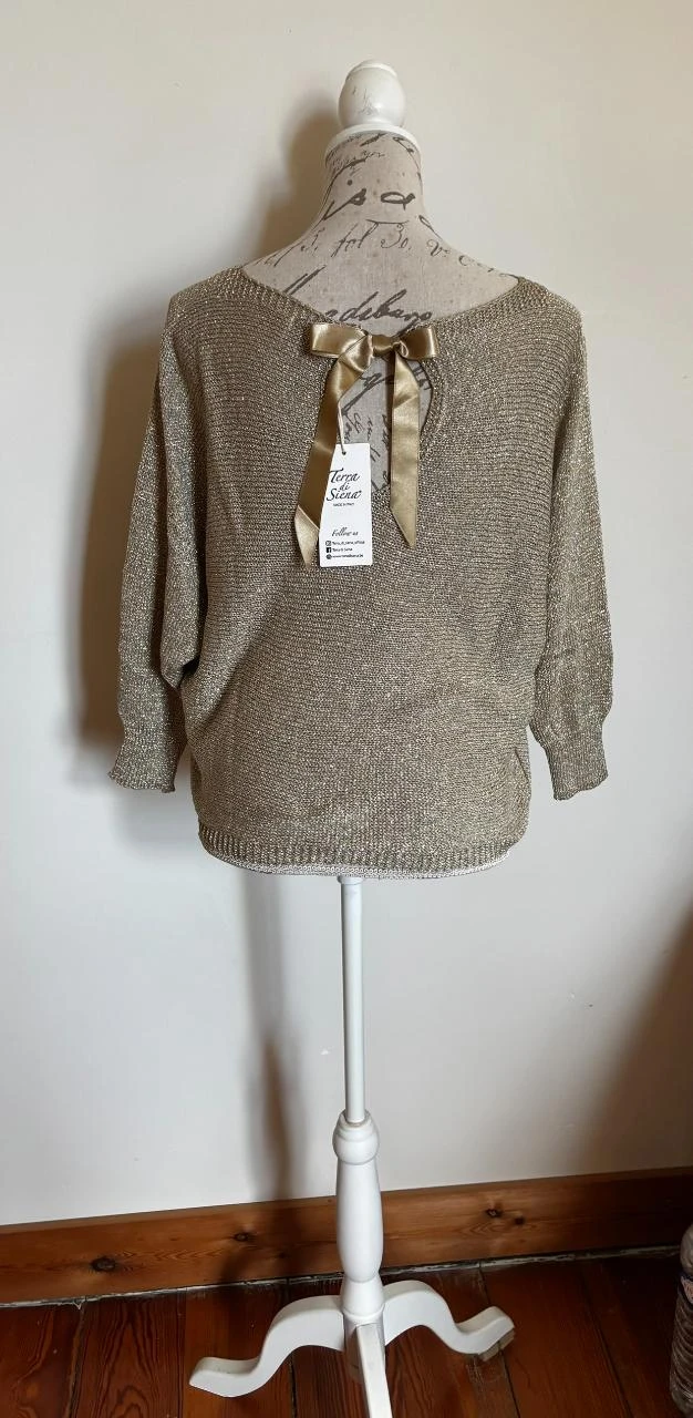 🎀 Gold knit sweater Made in Italy with neckline & satin bow on the back - one size – photo 8